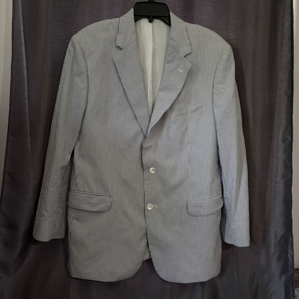 Brooks Brothers 346 Mens Seersucker Blazer Blue White Striped Sport Coat